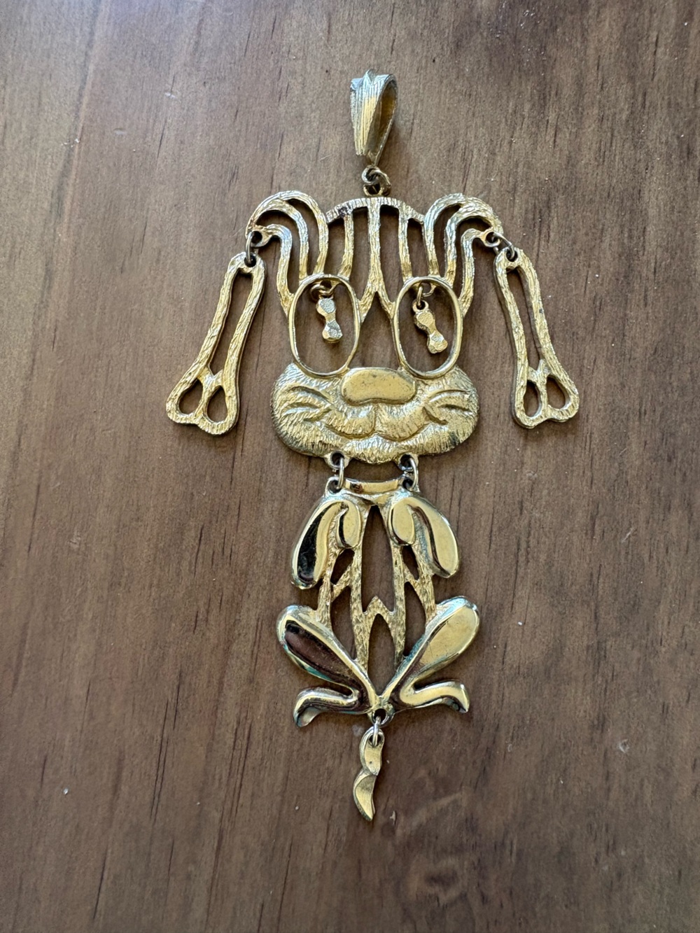 Vintage 70s Articulated 4” Gold Tone Metal Dog Pendant